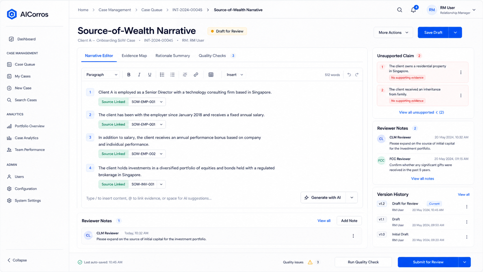 Source-of-Wealth narrative builder screen